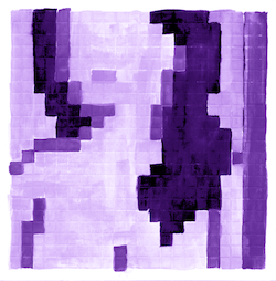 purple colorized version of a pixel figure painting i've made of a nude woman from the shoulder, up