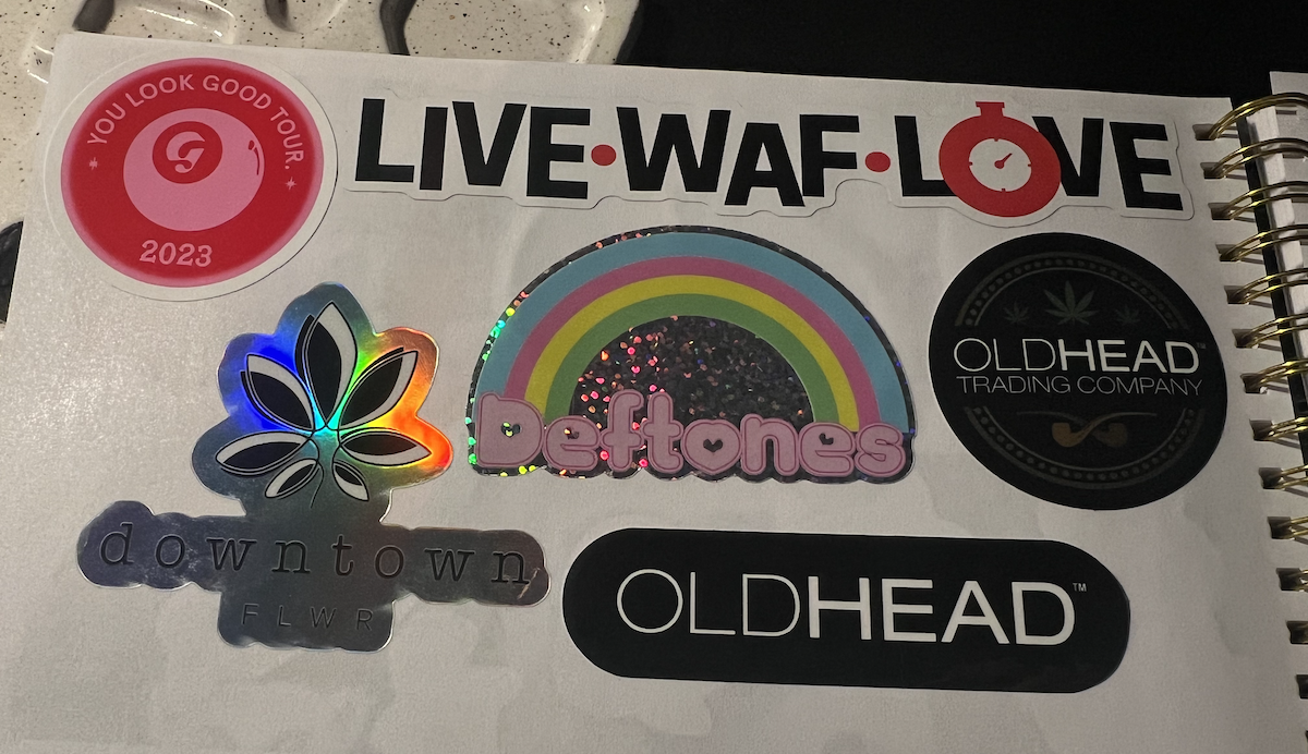 photo of a 1/2 full page in my sticker book which has stickers representing glossier the makeup brand, a couple of weed companies and a local dispensary, a deftones sticker that's "ironically" pastel and has a rainbow, and a sticker that says "live waf love"