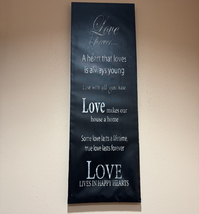 photo of a hideous black banner/plaque in the dentist hallway that says "love is forever...a heart that loves is always young; love with all you have; love makes our house a home; some love lasts a lifetime, true love lasts forever; love lives in happy hearts" and they're all in different fonts