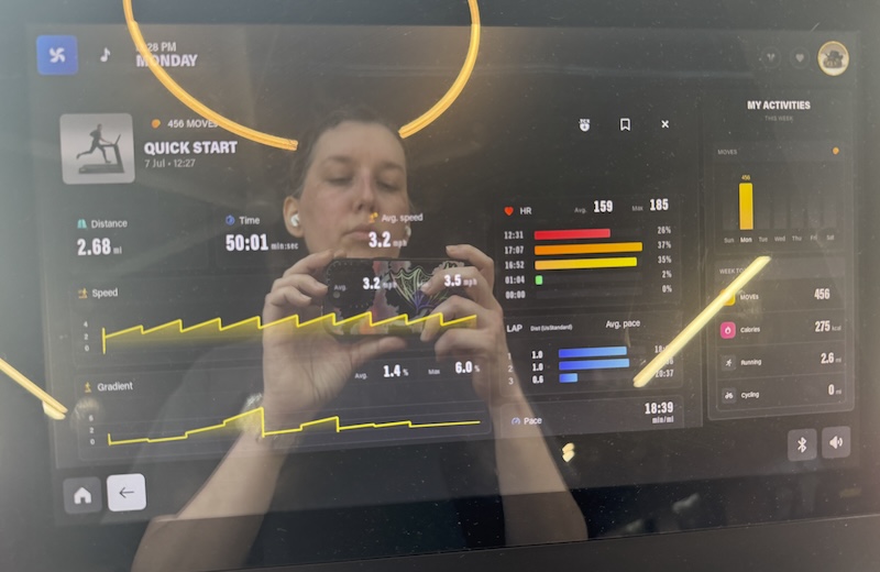 treadmill screen reflection selfie from my walking working out on monday