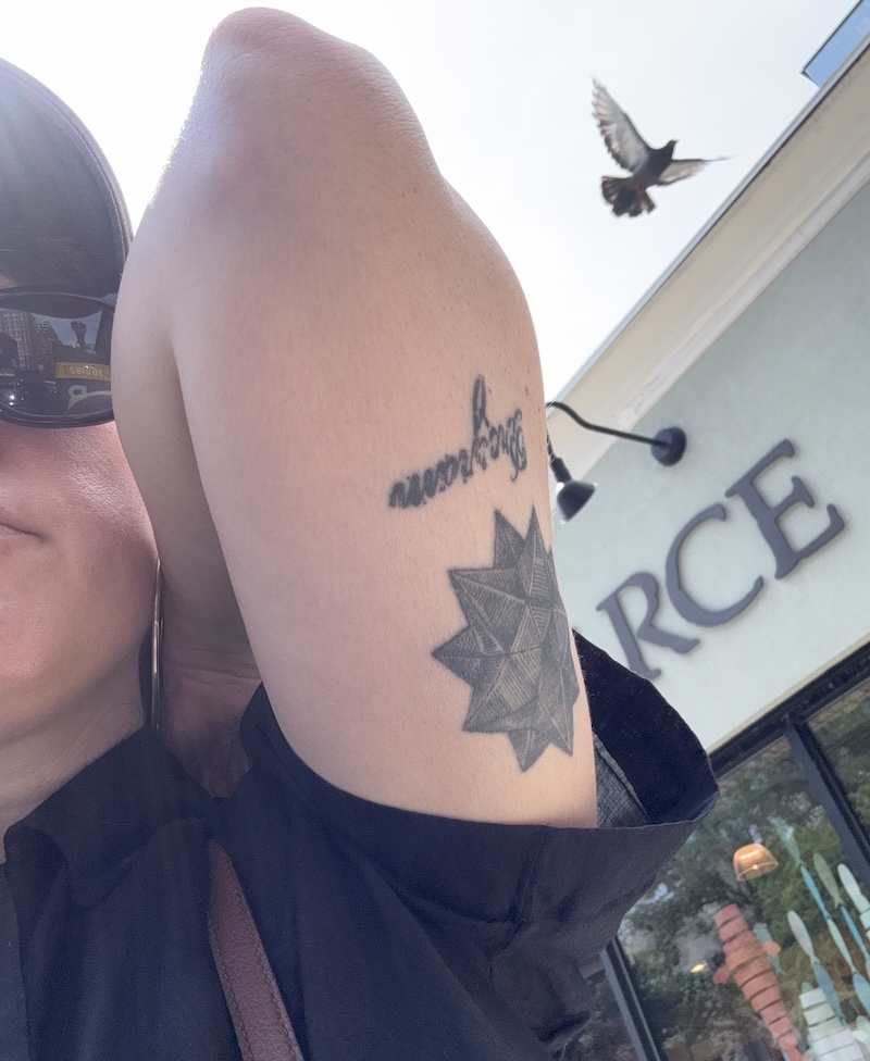 photo of me holding my bent arm up so you can see (upside down) my tattoos, one of a Kepler drawing of a satellites dodecahedron and below it a stamp that says “Program”. I’m in front of a paper source location and in the sky is a majestic pigeon flying in the bright sky