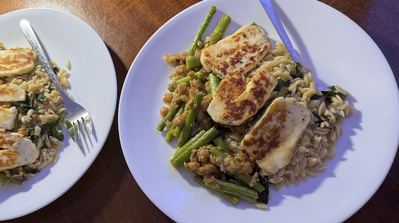 photo of our dishes with lemon orzo, asparagus and grilled halloumi