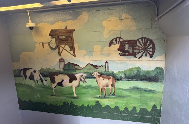 photo of a train station stairwell mural of a bunch of cows and, like, farm equipment in the air?
