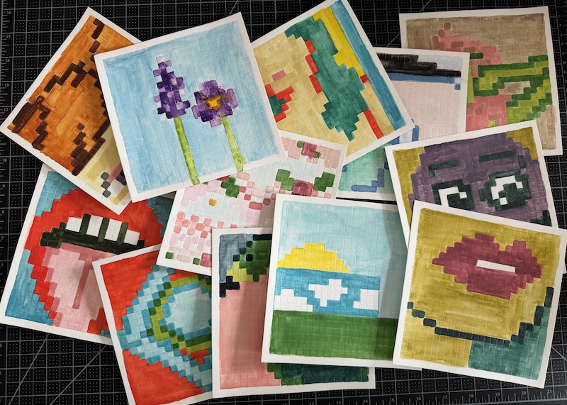 pile of 6x6" pixel art watercolors i'm selling