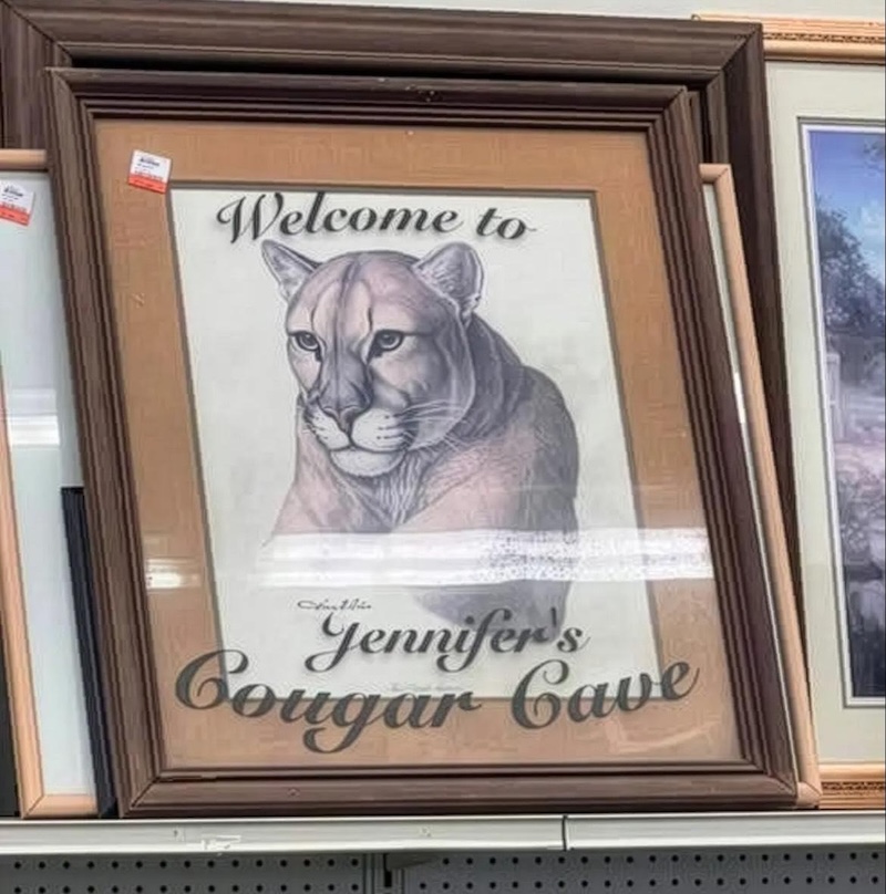 photo of a framed illustration of a cougar and in cursive around it the glass for the frame says "welcome to jennifer's cougar cave"