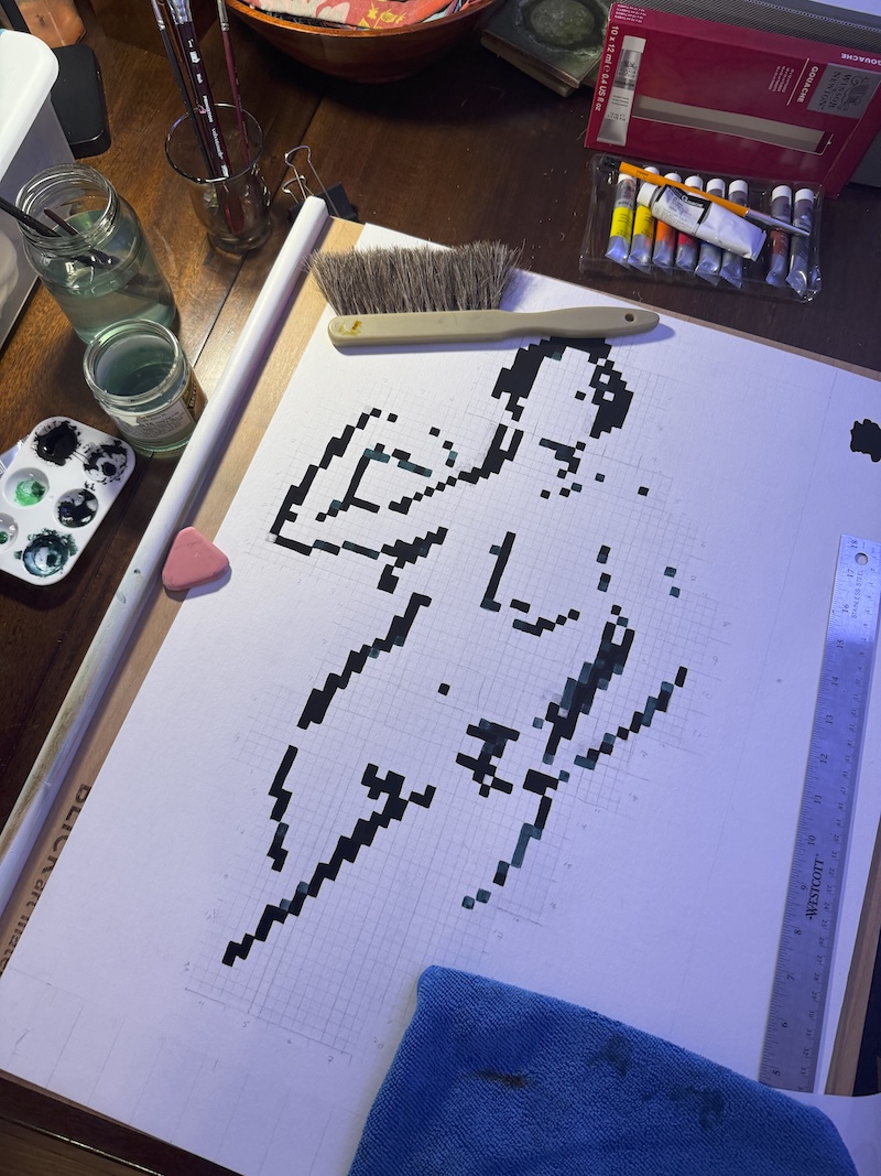photo of my in-progress pixel art figure drawing that i'm painting, it's about 20 inches long and 14 inches wide