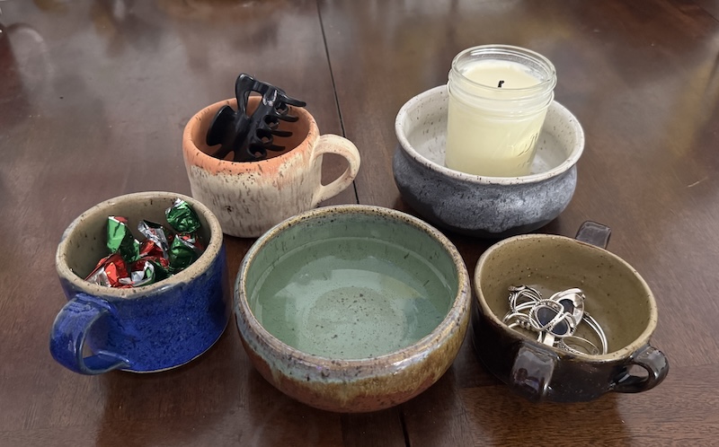 a photo of all 5 of my wheel throwing class assignments, described below