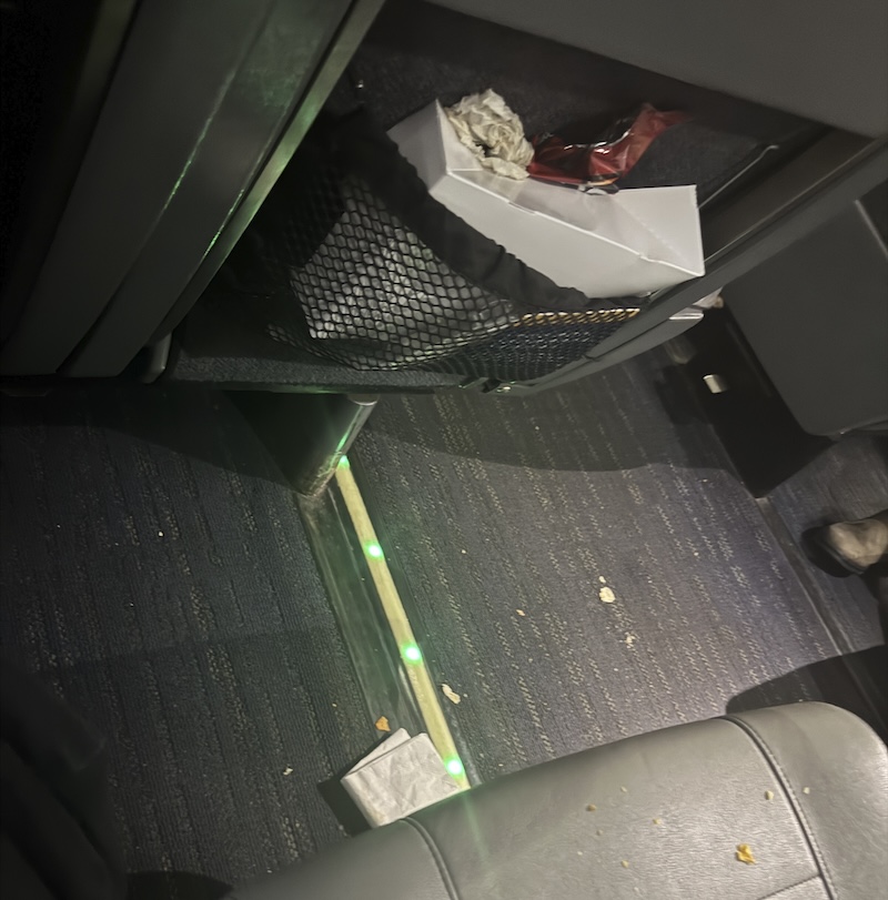 photo of a bunch of chip crumbs on a train seat next to me and on the floor in the aisle, and there's trashed shoved into the seat pouch for the same seat