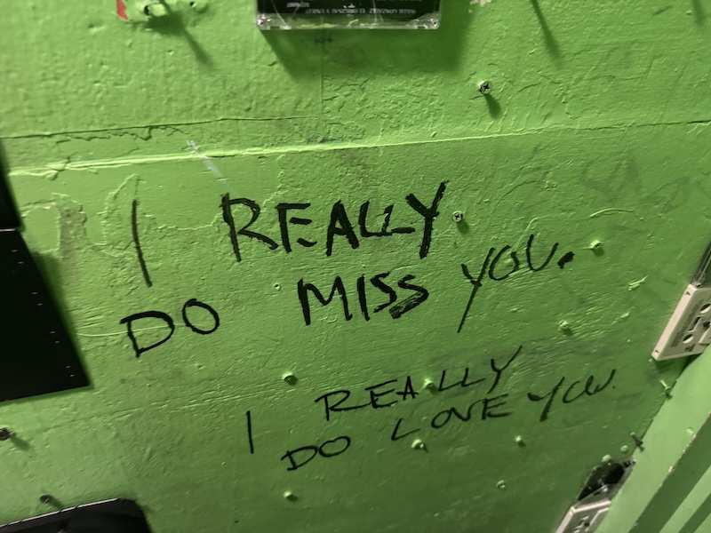 photo of a wonderville bathroom stall wall that's green and says "I REALLY DO MISS YOU. I REALLY DO LOVE YOU."