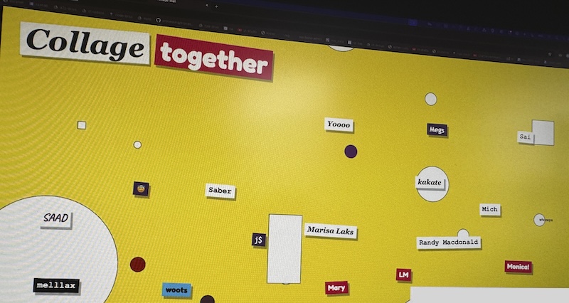 a photo of my computer showing a p5 collage that is interactive and live, me and others attending the talk have added little shapes to the screen