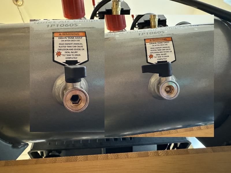 collage of two photos looking up into the drain valve of the compressor, one shows it open and the other closed
