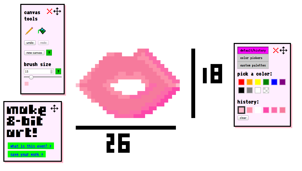 screenshot of make8bitart where i drew and counted out the grid size of pixel lips i drew in pink