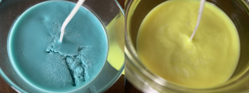 a diptych of two candles hardened with cracks and air pockets in the wax