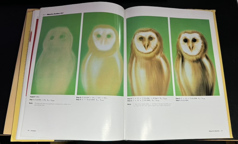 photograph of inside "airbrush 2" showing a 4 panel demo of airbrushing an owl