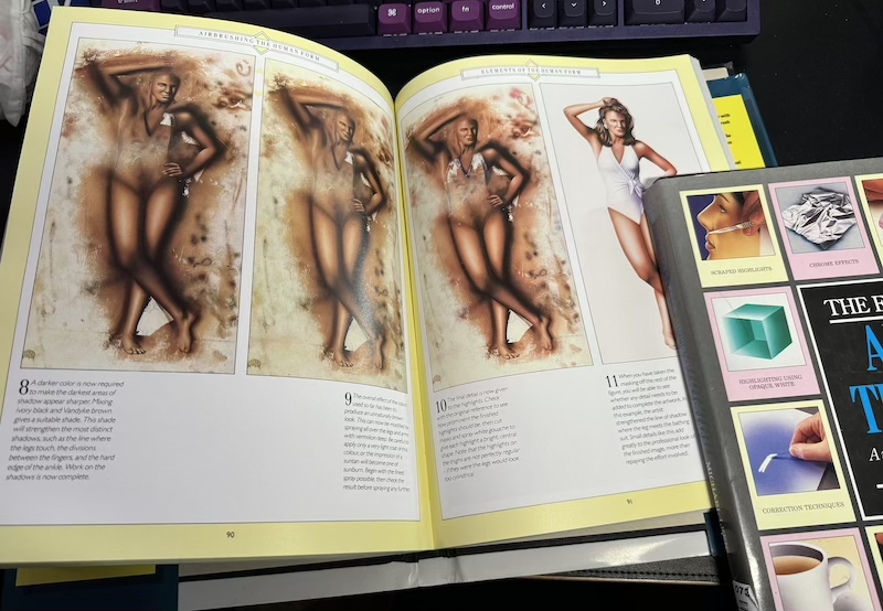 photo of the inside of "airbrushing human form" showing a 4 panel demo of airbrushign a woman in a white bathing suit