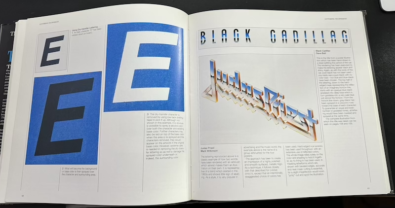 photo of the inside of "airbrush techniques" showing the letter "E" being masked on one page,a nd on the other page the judas priest airbrush logo