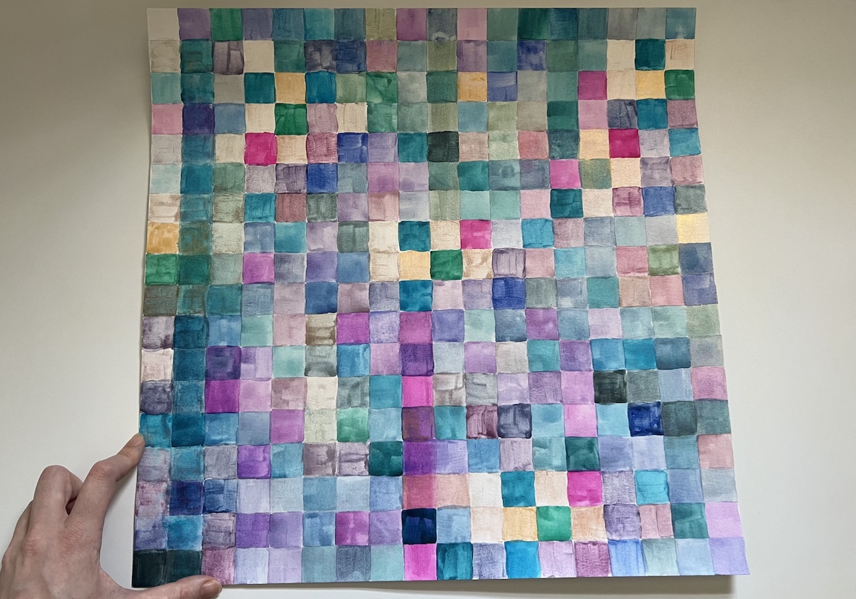 photo of my finished square painting of 18 by 18 1-inch squares using all the shades and combinations of shades from the palette i made
