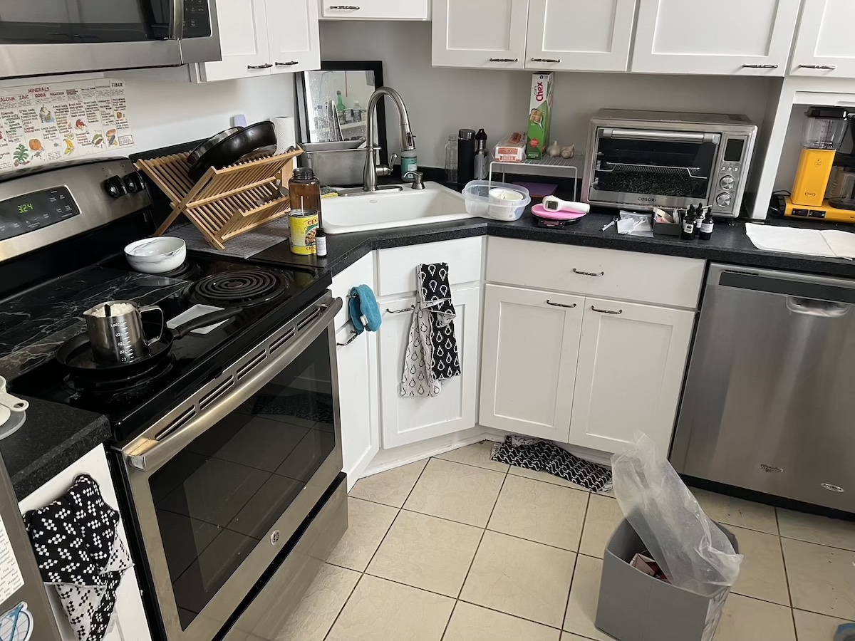 photo of my kitchen that's it's own separate little room, so my candle workstation wraps around 2 sides from the stove to the entire counter