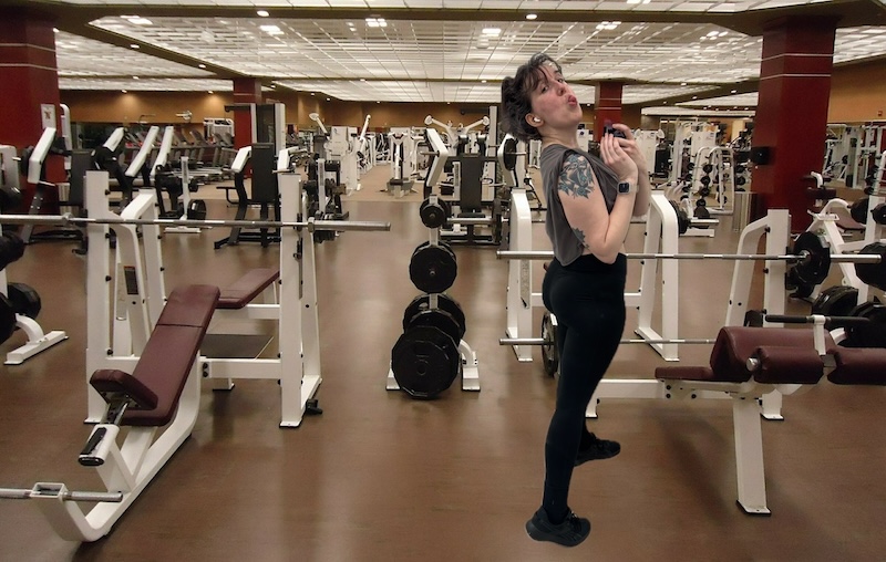 a stock image of a gym and i put me posing at the gym onto it so i don't dox myself