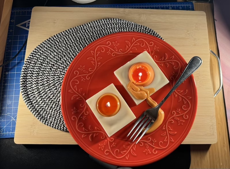 product photo of two of my egg candles on a plate with a fork and i lit the candles so some of the yolk wax is running off one of the eggs