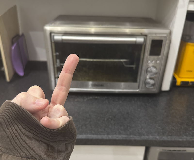 a photo of my hand giving the middle finger to our crusty but trusty air fryer