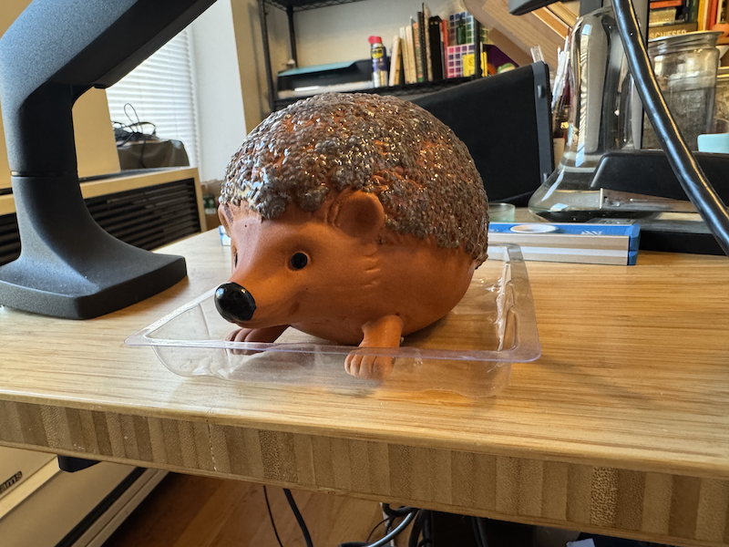 photo of a chia pet hedgehog, made of terracotta formed into a cute hedgehog shape, with a thin layer of wet goopy chia seeds that i had just covered it with