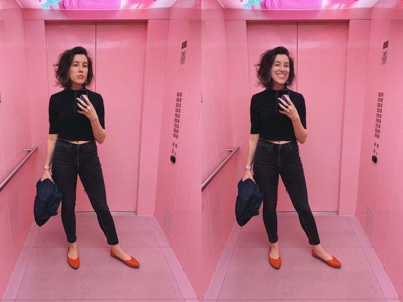 a selfie of me in a pink elevator looking cool, and next to it the same photo but i'm smiling weirdly