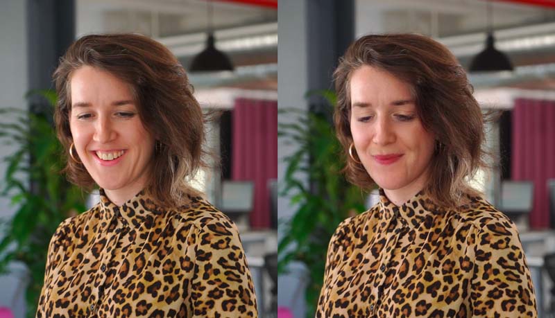 a photo of me looking down and smiling in an office, and next to it the same photo but my eyes are closed and my smile is weird and in a different lip color lol