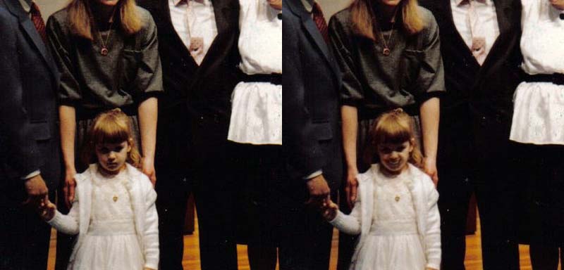 photo of me at age 4 in a church looking pissed, and next to it the same photo but i'm smiling weirdly