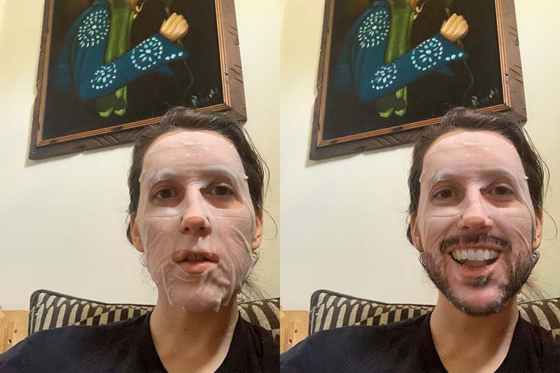 photo of me wearing a white sheet mask, and next to it the same photo but i'm smiling weirdly and have a beard
