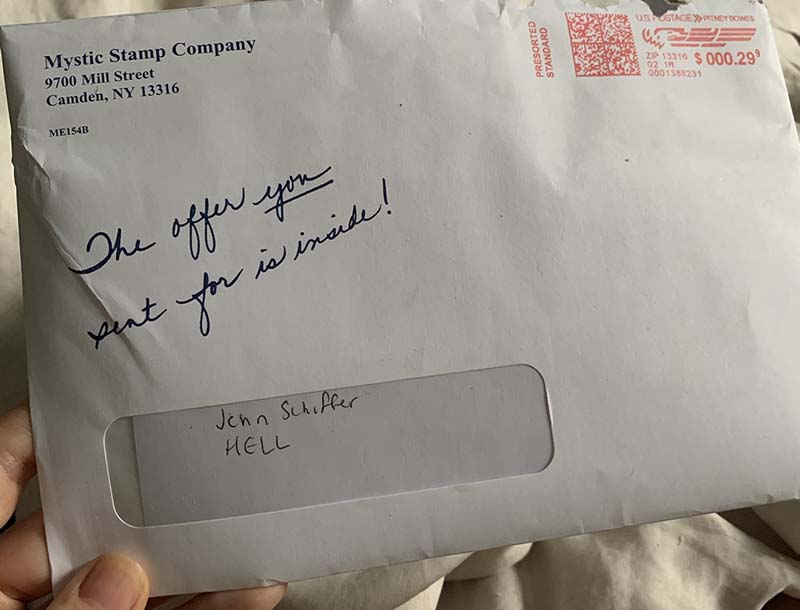 an envelope addressed to me, address "hell"