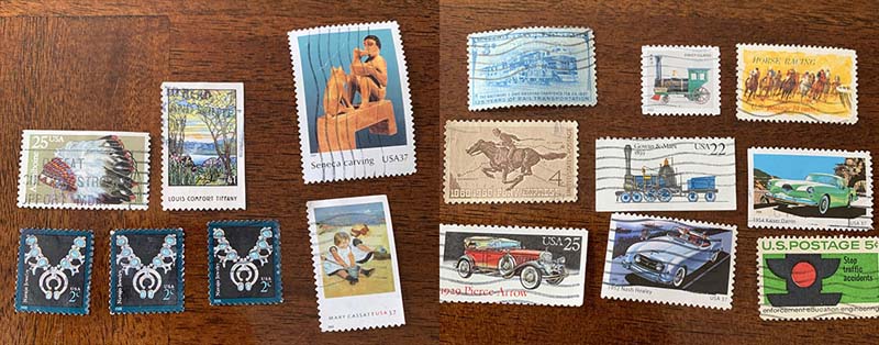 a two panel photo of several art stamps and several transportation related stamps