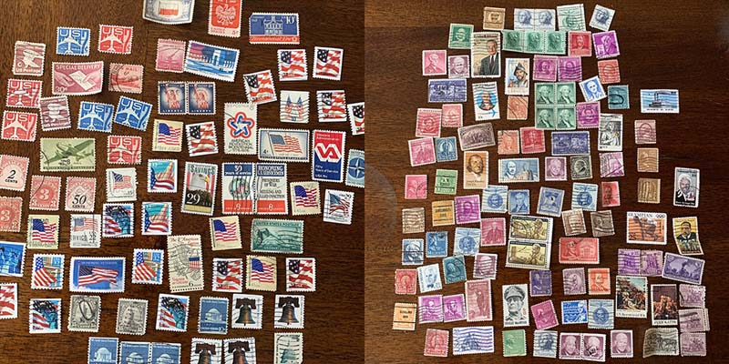 a two panel photo of stamps, many patriotic ones and many ones with faces