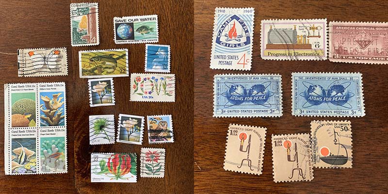 a two panel photo of stamps, several nature ones and several science ones