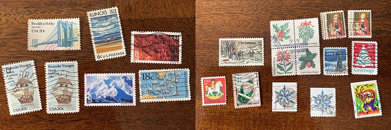 a two panel photo of several geographic stamps and several christmas and snowflake stamps