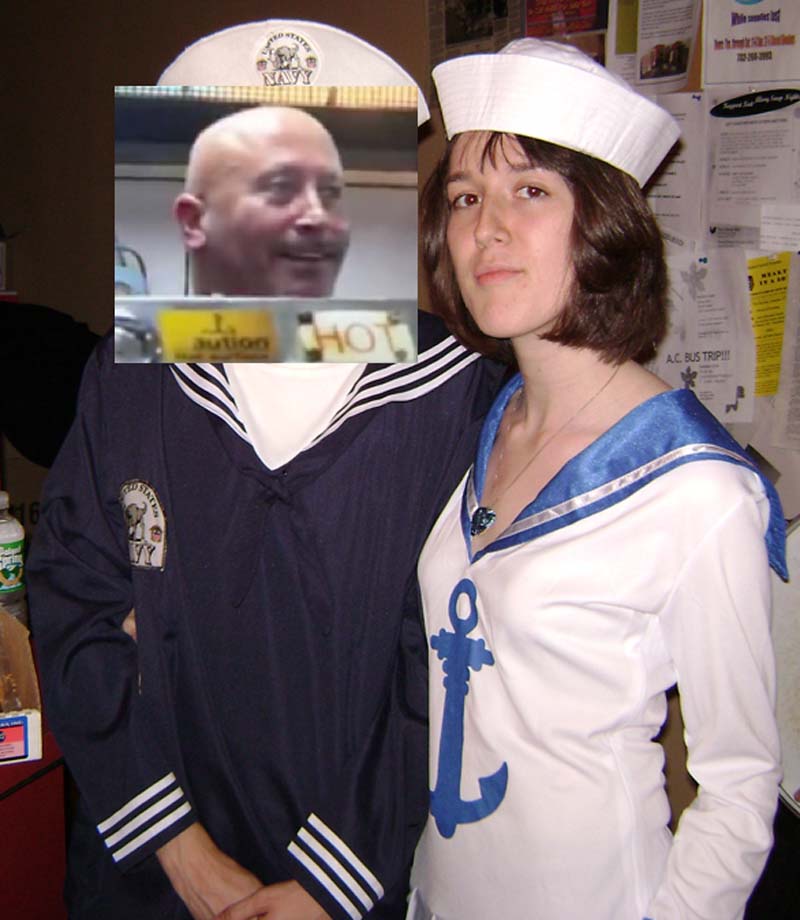 me dressed as a nurse standing next to a man whose face i covered with the pey wet cook