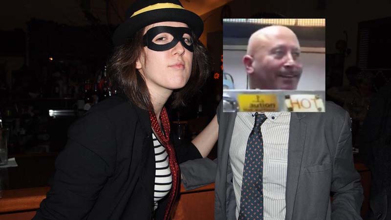 photo of me as the hamburglar sitting next to a man whose face i covered with the pey wet cook