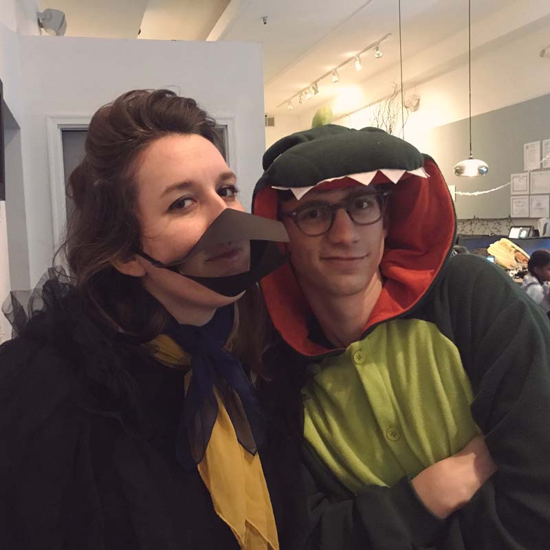 photo of me dressed as a cassowary and phil wearing a green dinosaur onesie