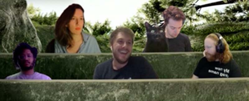screenshot of a skype call and all of us hoobastank2 hosts are floating busts in some weird amphitheater virtual background