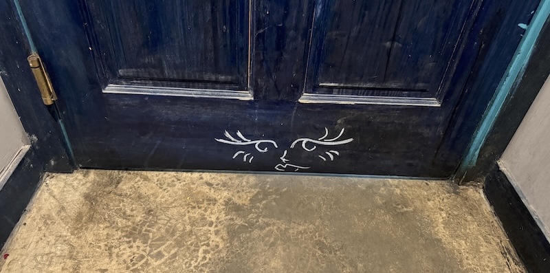 photo of a little face grafitti'd on the bottom of a cafe bathroom door