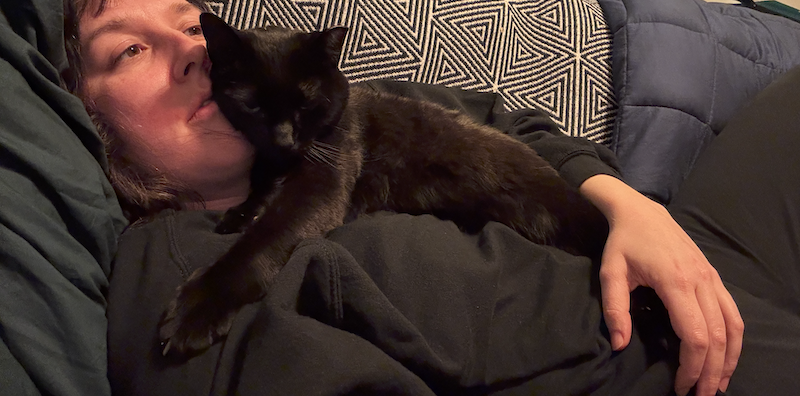 photo of me sick on the couch and pumagreg, my black cat, is laying all on me and my face, healing me