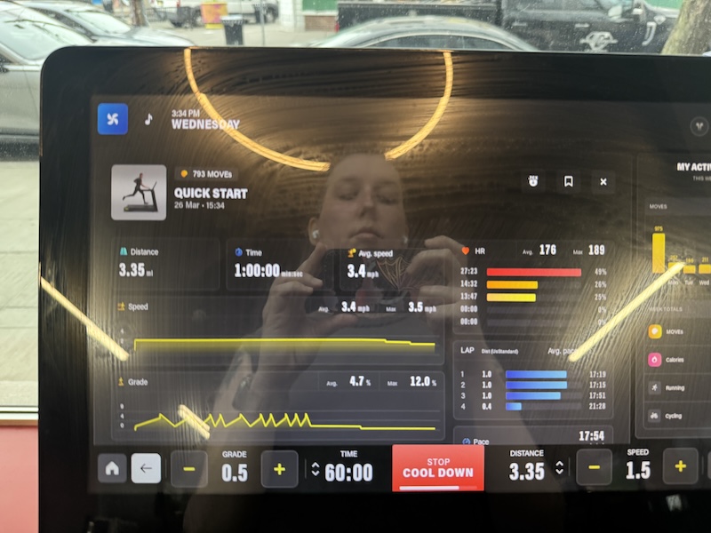 photo of the gym treadmill and you see me in the reflection. i had done an hour of interval incline walking for 3.35 miles on wednesday