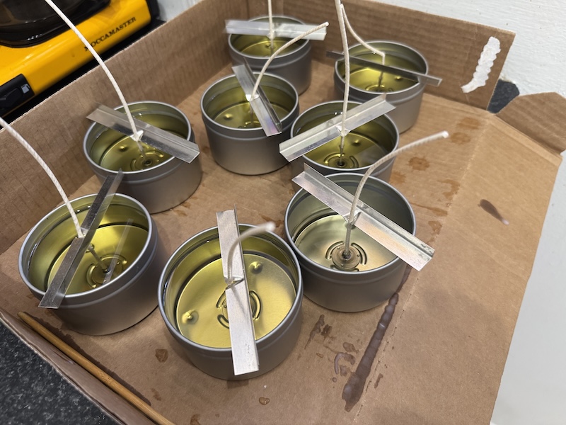 photo of 8 tins with melted wax and wicks i had just poured. they're on a cardboard box lid in my kitchen