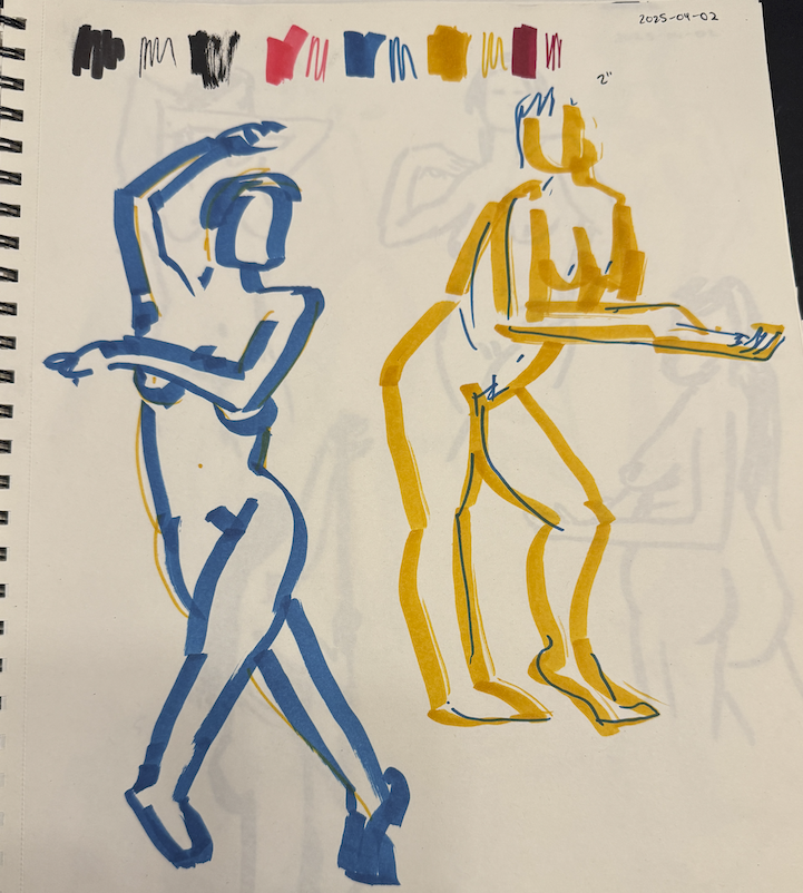photo of my sketchbook showing the first page from my figure drawing session. there are two 2-minute sketches in blue and yellow marker of standing poses