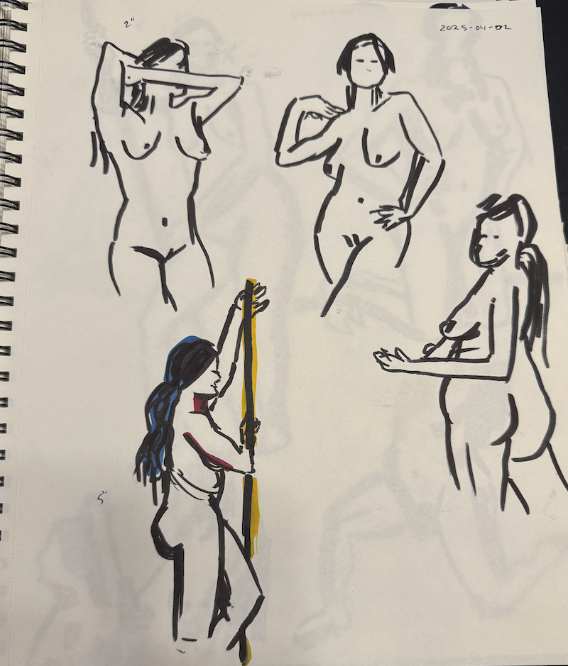 page 2 from my figure drawing session showing 3 2-minute standing post sketches in black ink and a 5-minute standing pose with black ink and some blue, red and yellow marker. the 5-minute pose has the model introducing a bamboo pole as a prop