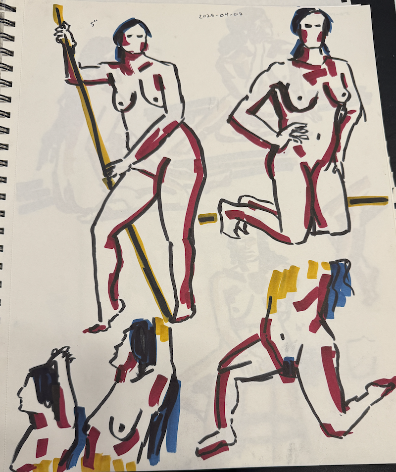 page 3 from my figure drawing session, showing 3 5-minute poses in black ink and blue, red and yellow marker. the third pose i broke down into 3 parts because i couldn't fit her from the bust, up.