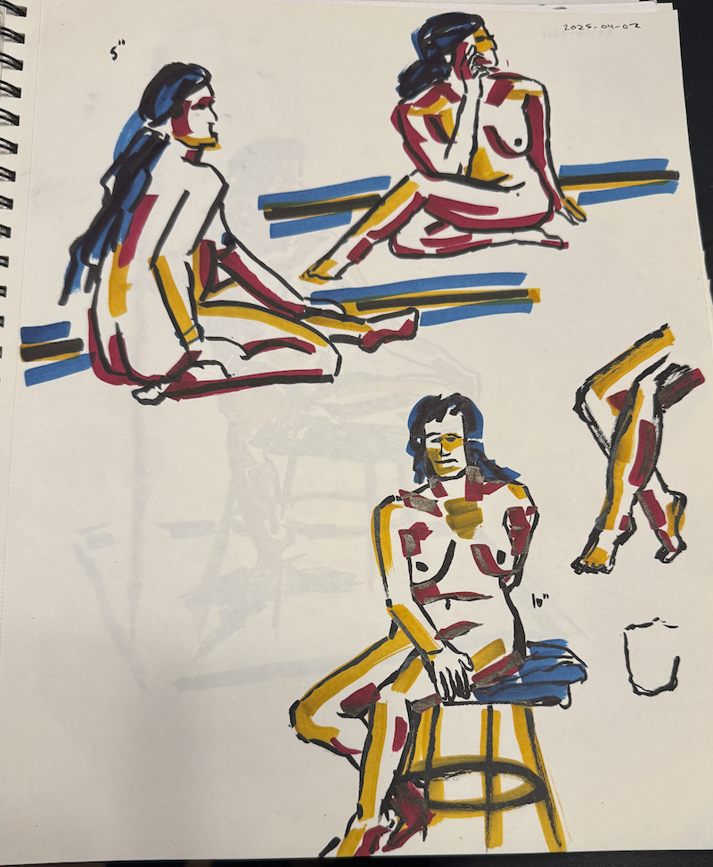 page 4 from my figure drawing session, showing 2 5-minute seated poses and a 10 minute pose where the model is sitting on a stool. next to that one, i did a second shot at her legs in the pose and started her face before the timer went off