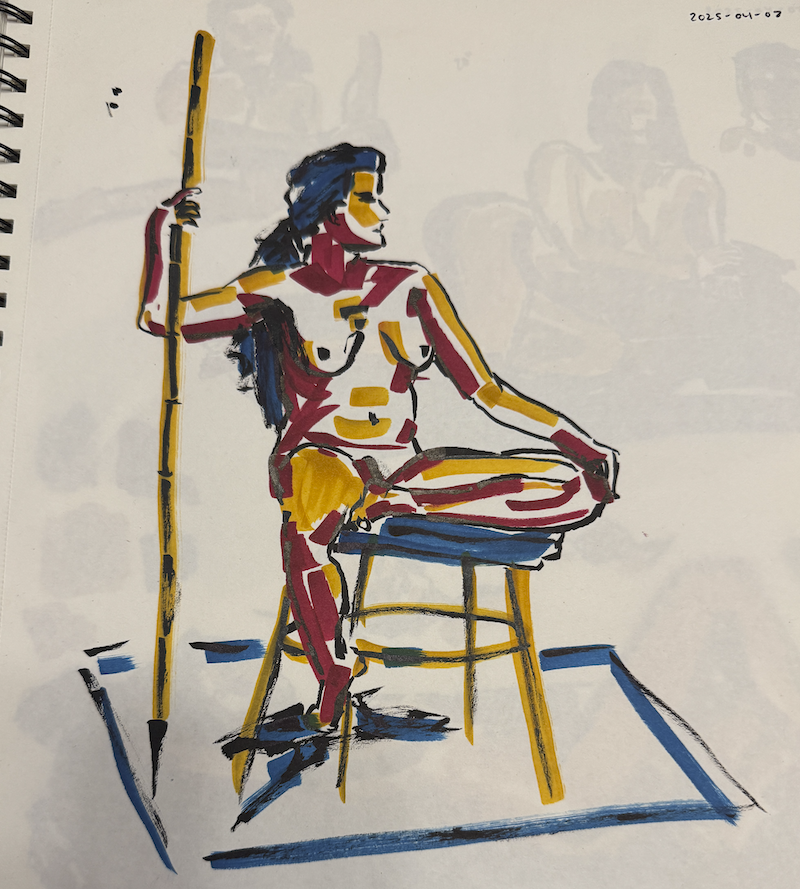 page 5 of my figure drawing session showing one 10-minute seated pose where the model is on a stool and holding onto a long bamboo pole