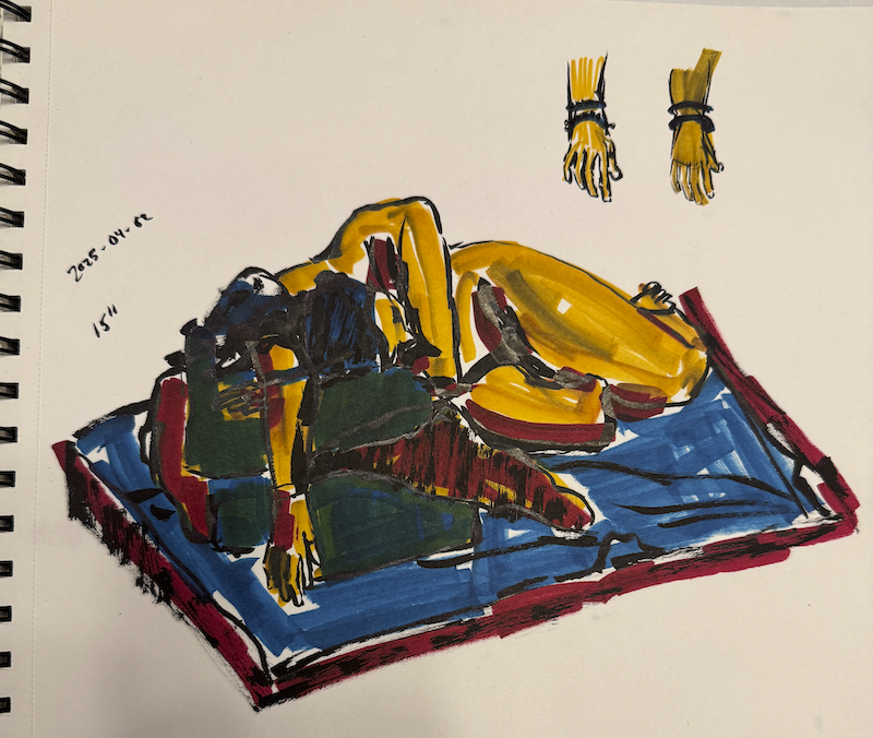 the 7th and last page of my figure drawing session that was a 15-minute pose of the model laying on the ground upon a couple of pillows. it's kind of a tough angle to see