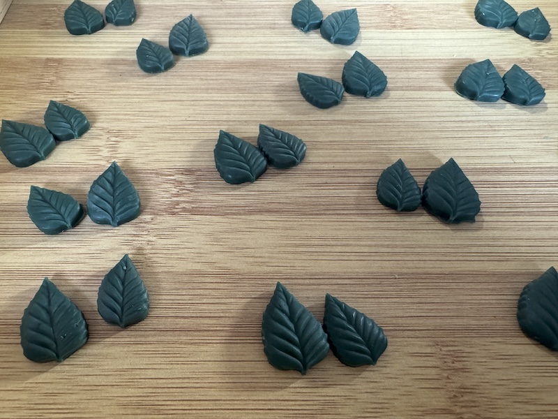photo of a dozen or so pairs of little green leaf wax embeds laid out on a bamboo tray